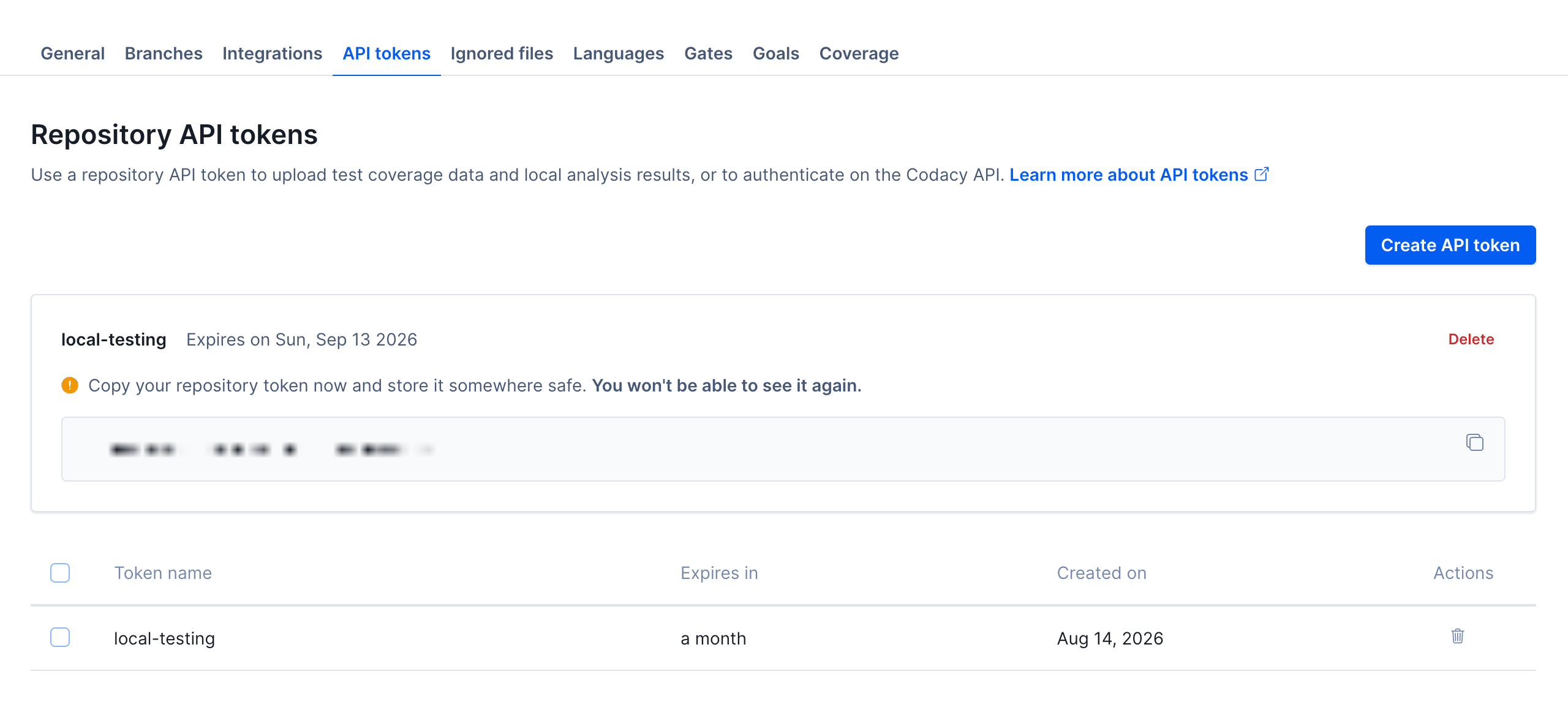 A newly created repository API token, with its value displayed once
