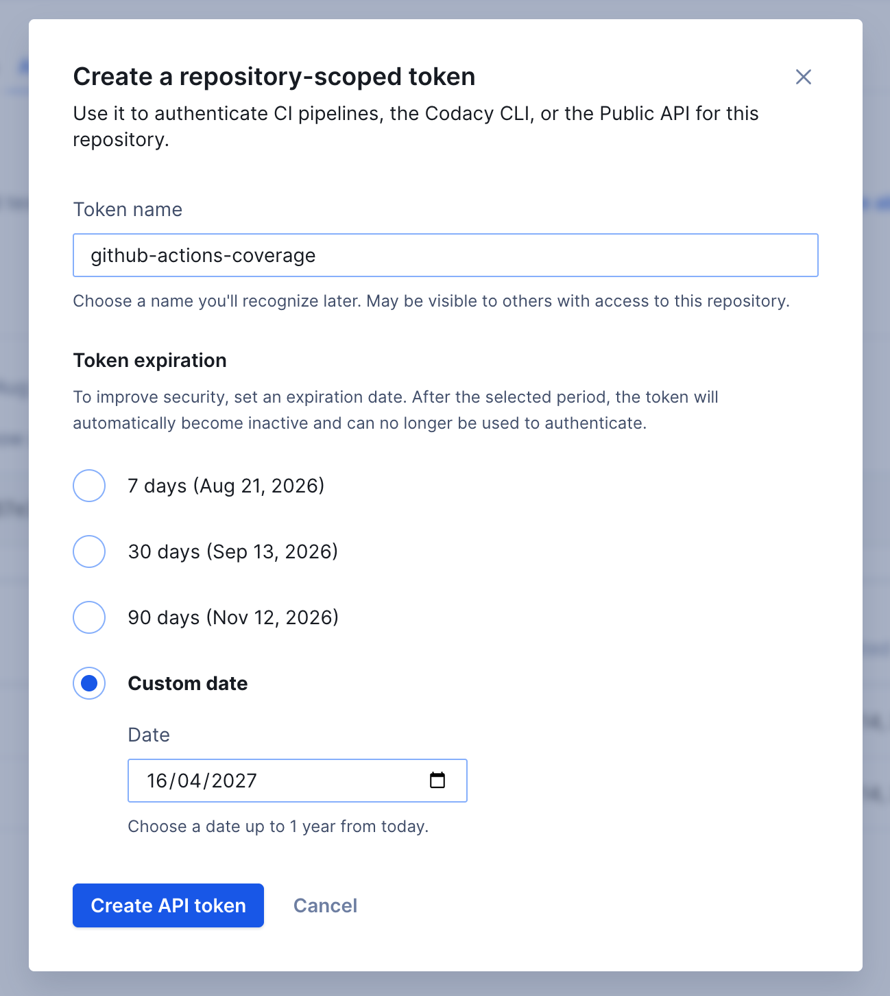 Setting a custom expiration date for a repository API token