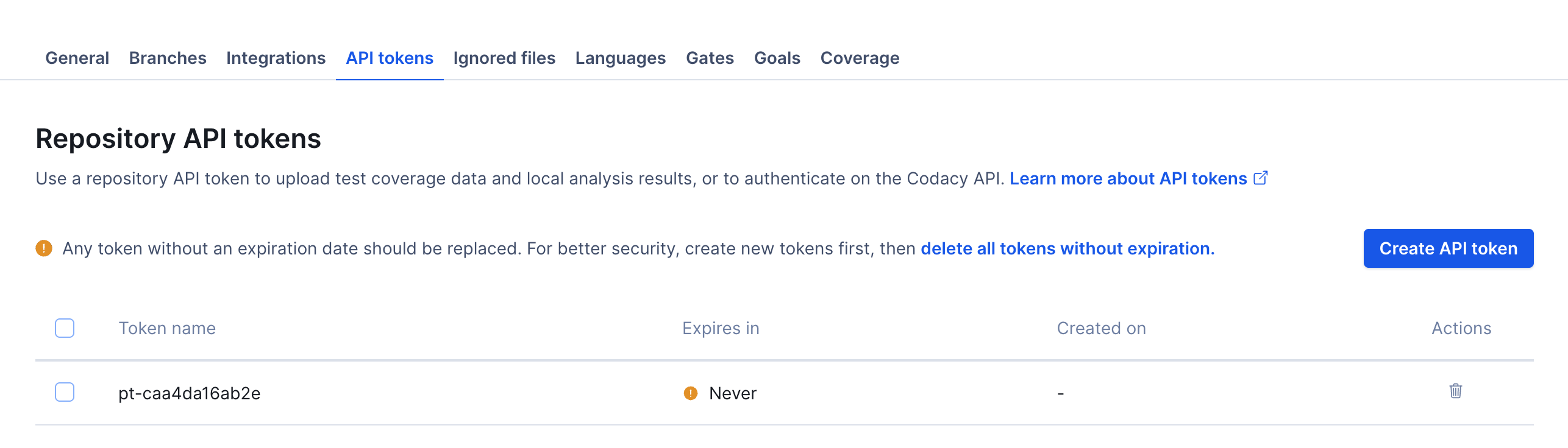 Repository API tokens without an expiration date